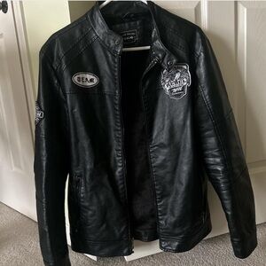 Fur Lined Black Leather Jacket with patches